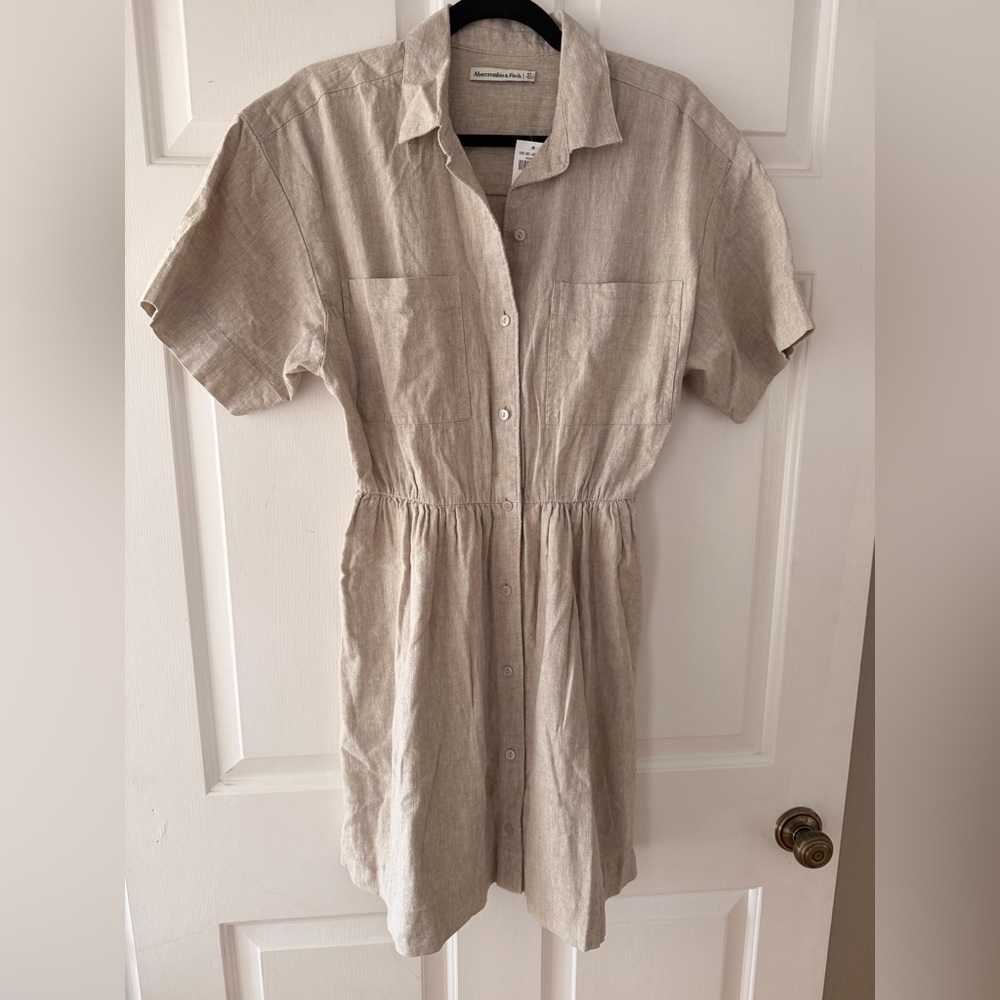 Abercrombie & Fitch Neutral Cream Button-Front Linen Mini Dress